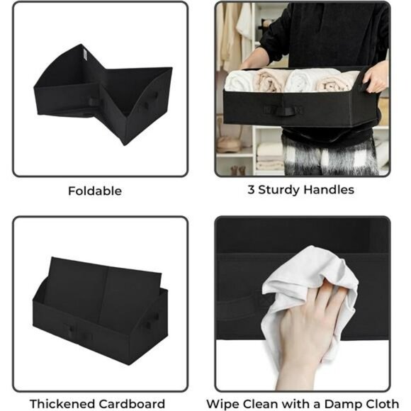Closet Organizer Storage Bins Fabric Shelf Baskets Foldable 3 Pack Black - Picture 5 of 7